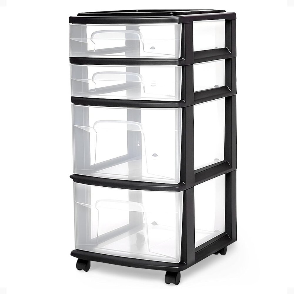 Drawer Tower, 4-Tier Clear Plastic Storage Organizer Cart, Black Frame - Multi-P